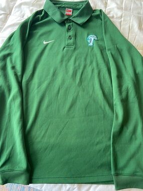 Nike Tulane Green Long Sleeve Polo with White Swoosh and Teal 'T' Patch